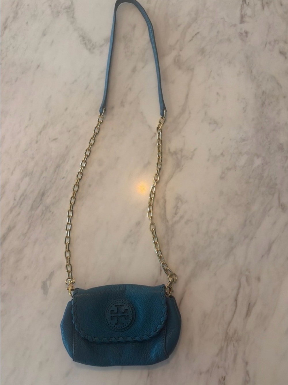 Tory Burch Teal Blue Pebbled Leather Crossbody with Gold Chain